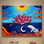 Ölgemälde „Sonnenlotus“ von Laura Gilliar mit detailreicher Lotusblüte zwischen goldener Sonne und tiefblauem Meer.