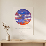 Originaler Kunstdruck „Das Universum in uns“ mit leuchtenden Planeten, Sternen, einer kosmischen Bildwelt und Zitat.