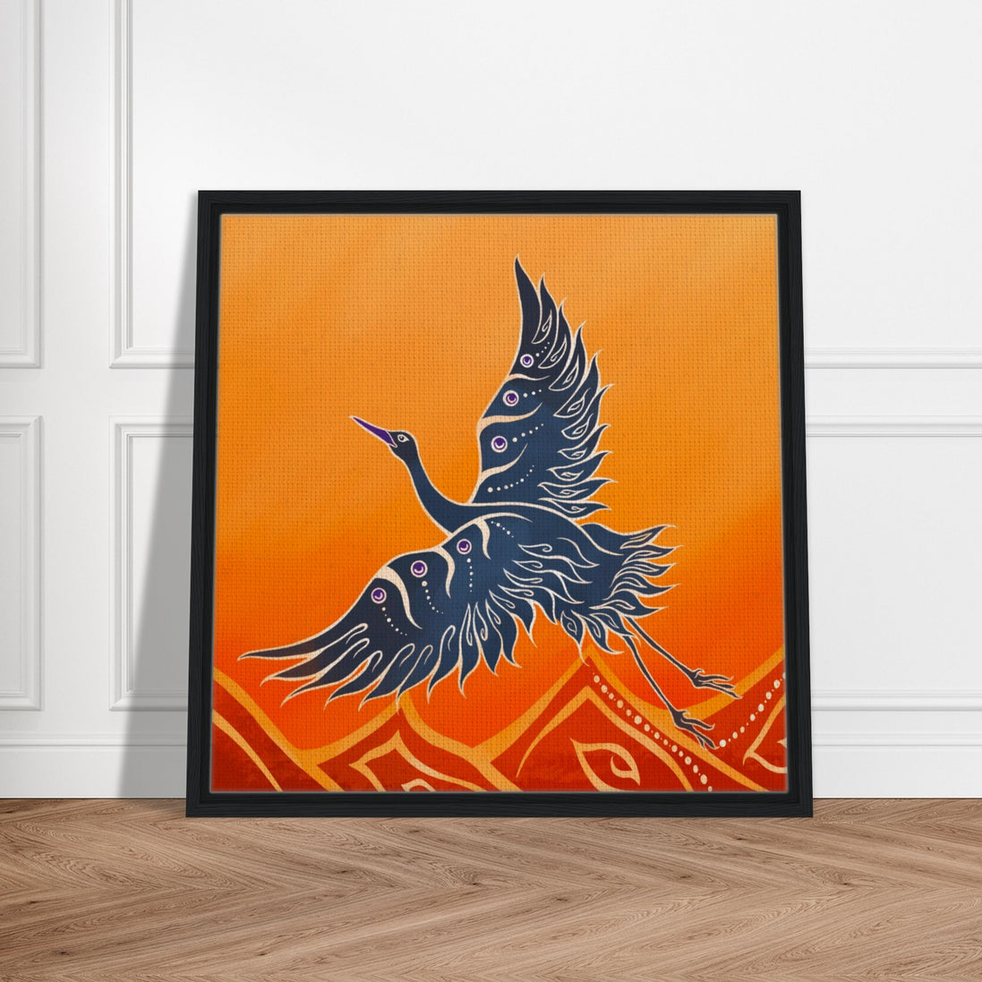 Kunstdruck mit anmutigem Kranich, der über eine feurig rote Landschaft nach links fliegt.