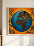 Wandbild mit abstrakter, aus Kakaobohnen inspirierter Darstellung der Welt auf warmem orangefarbenem Hintergrund.
