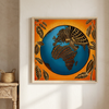 Wandbild mit abstrakter, aus Kakaobohnen inspirierter Darstellung der Welt auf warmem orangefarbenem Hintergrund.