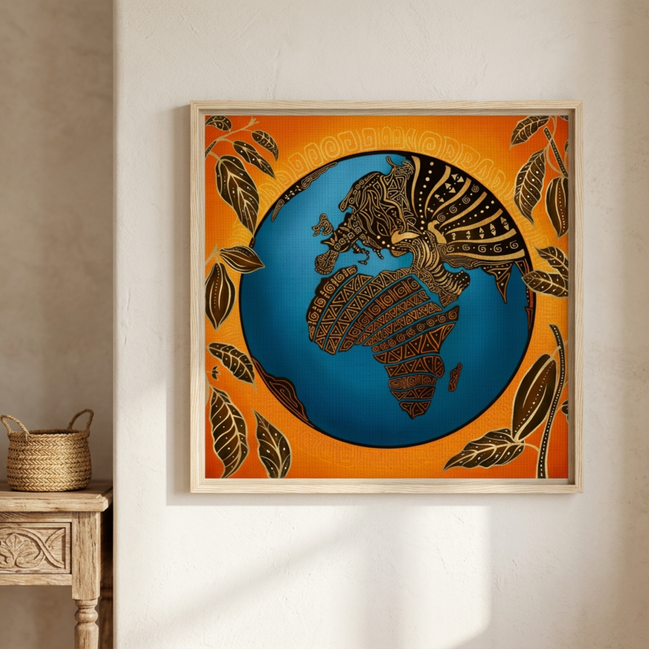 Wandbild mit abstrakter, aus Kakaobohnen inspirierter Darstellung der Welt auf warmem orangefarbenem Hintergrund.