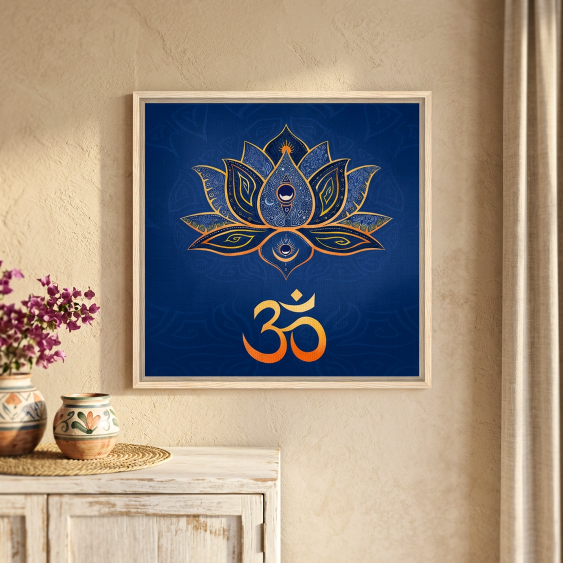 Lotus Blume mit Om · Leinwanddruck | Spirituelle Wandkunst | 60×60 cm
