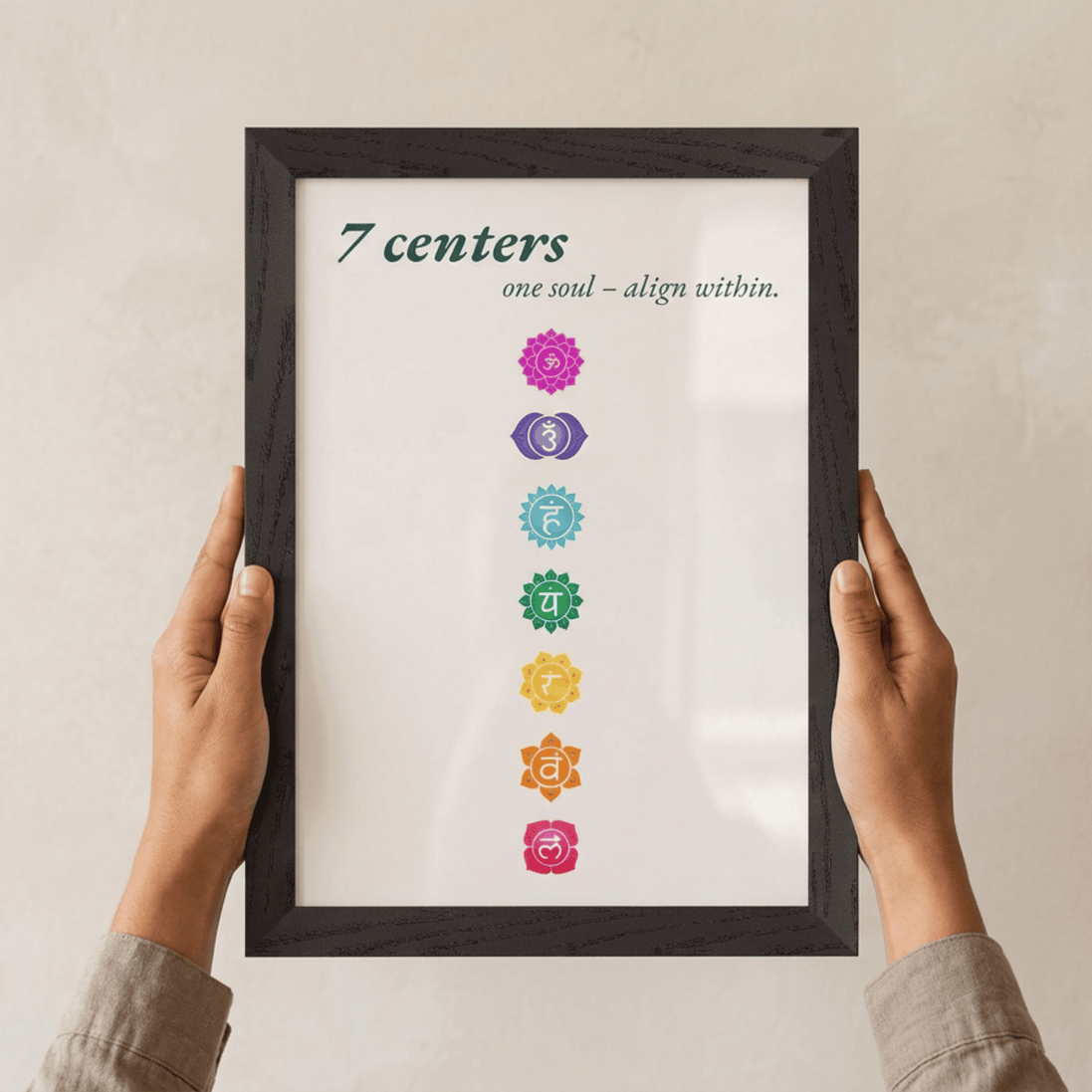 Seven Chakras · Fine Art Print A4–A2 | Sand & Tannengrün wählbar