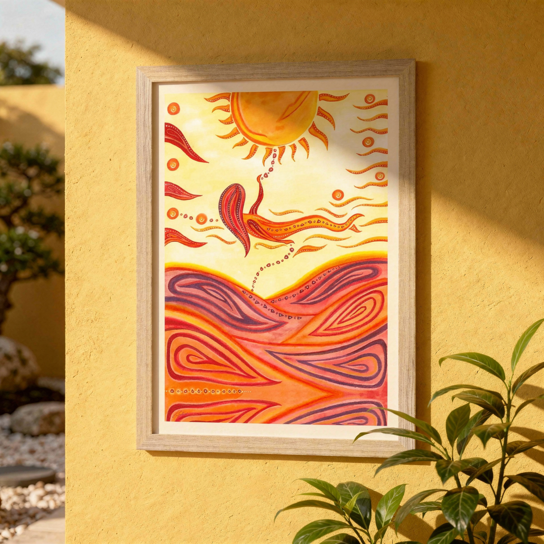 Kunstdruck mit orange-gelber Sonne und schwebender Figur, die ihre Hand zur Sonne ausstreckt.