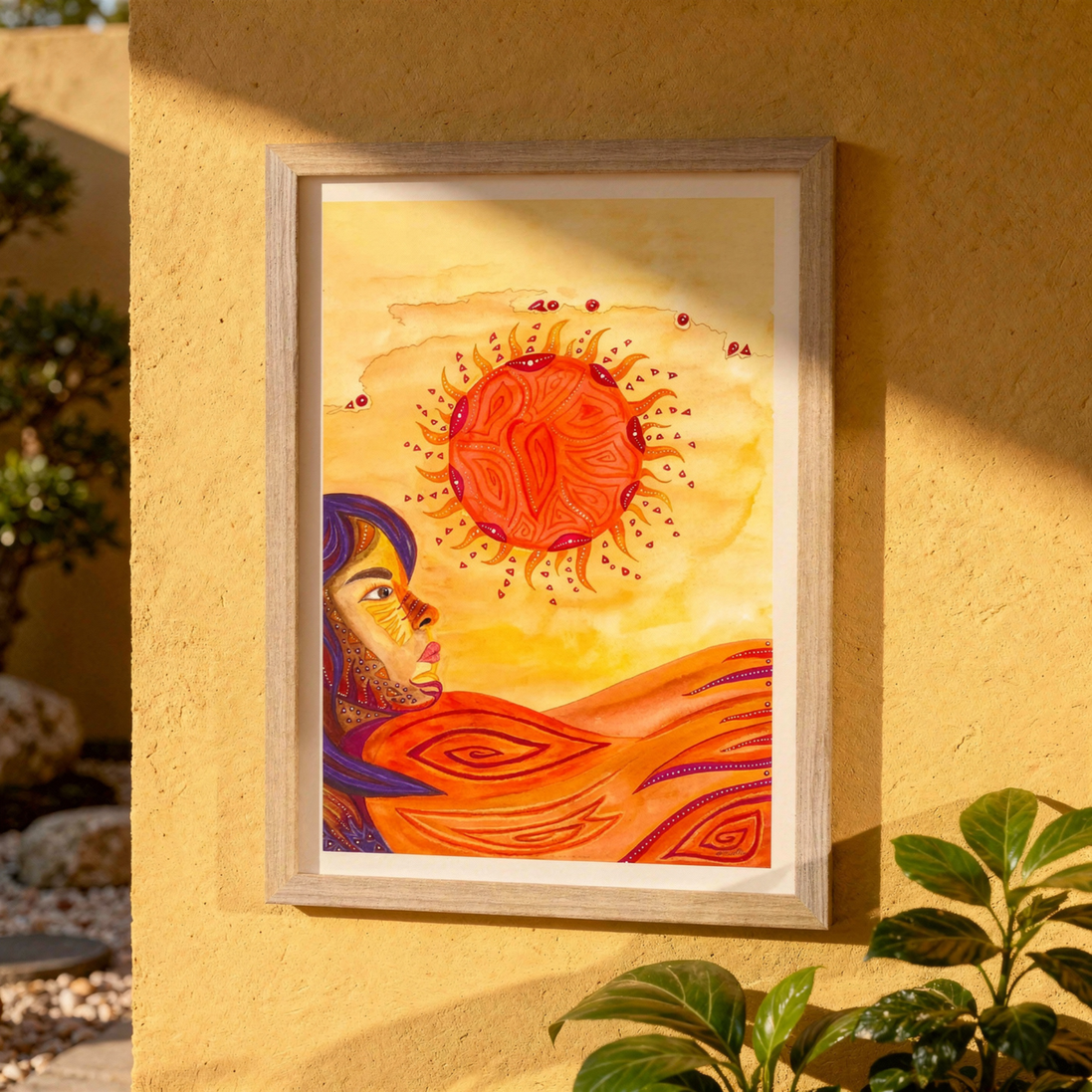 Kunstdruck mit mystischem Frauengesicht, das zwischen Dünen zur feurig roten Sonne emporblickt.