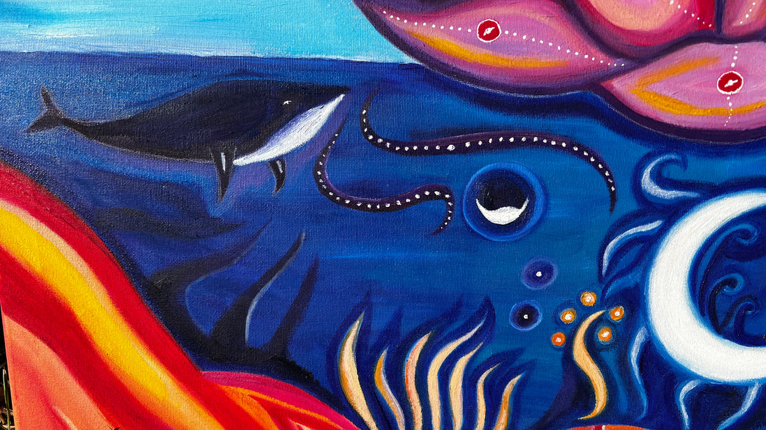 Ein Ausschnitt aus dem Ölgemälde namens "Sonnenlotus" von Laura Gilliar, mit einem Wal, der unter einem Lotus schwimmt.