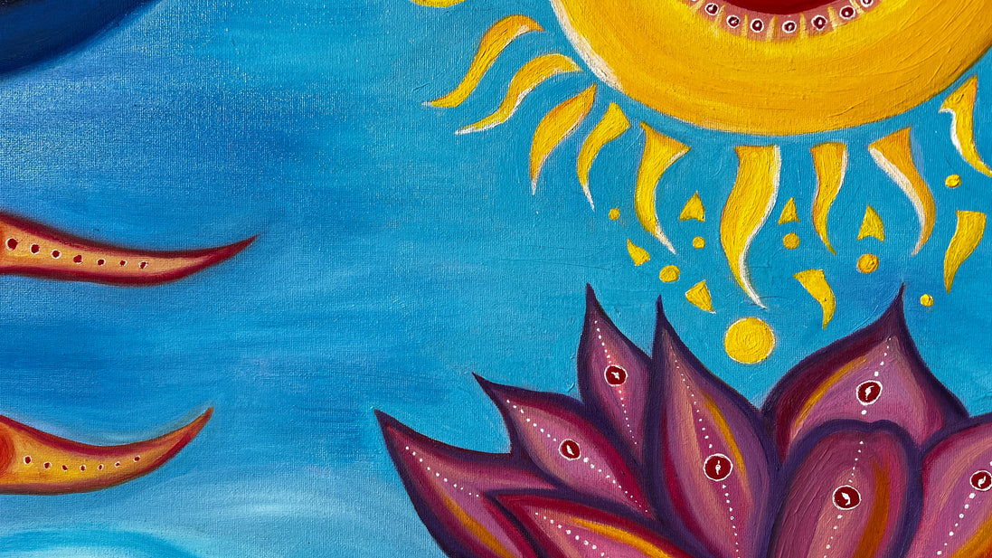 Ausschnitt aus dem Ölgemälde „Sonnenlotus“ von Laura Gilliar mit strahlender Sonne über einer lilafarbenen Lotusblüte.