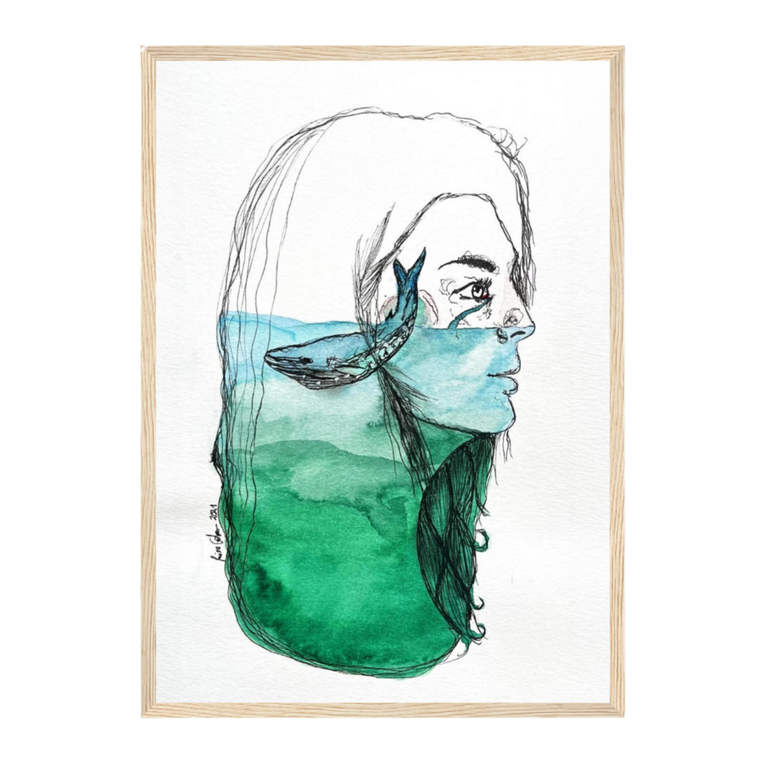 Ihre Tränen sind sein Ozean | Aquarell & Fineliner | Fine Art Kunstdruck A4–A2
