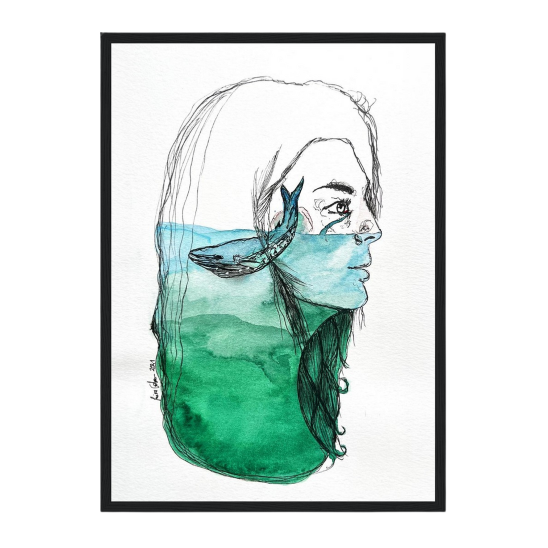 Ihre Tränen sind sein Ozean | Aquarell & Fineliner | Fine Art Kunstdruck A4–A2