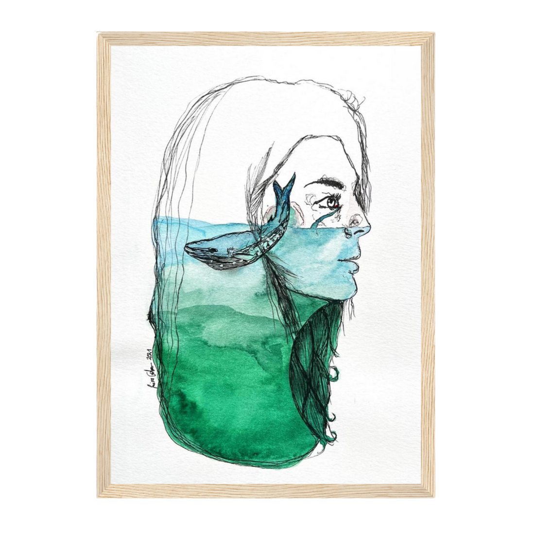 Ihre Tränen sind sein Ozean | Aquarell & Fineliner | Fine Art Kunstdruck A4–A2