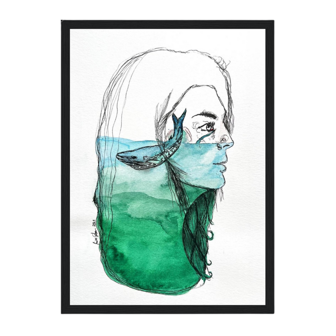 Ihre Tränen sind sein Ozean | Aquarell & Fineliner | Fine Art Kunstdruck A4–A2