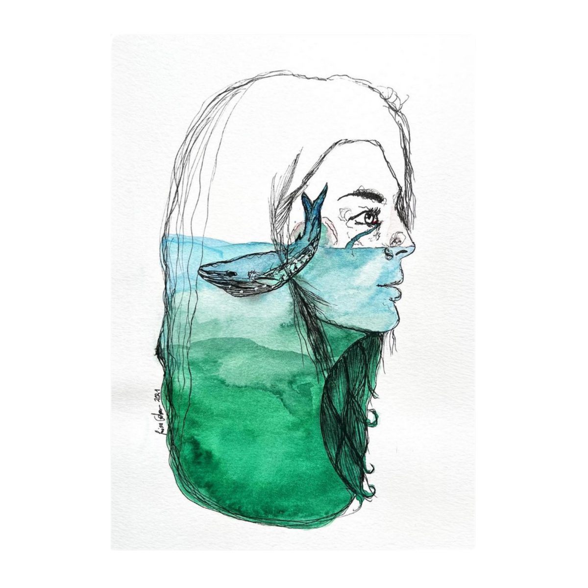Ihre Tränen sind sein Ozean | Aquarell & Fineliner | Fine Art Kunstdruck A4–A2