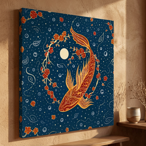 Wandbild mit Gold-orangefarbenem Koi-Fisch auf kosmischem Hintergrund mit bildhaften Elementen und beruhigender Ausstrahlung.