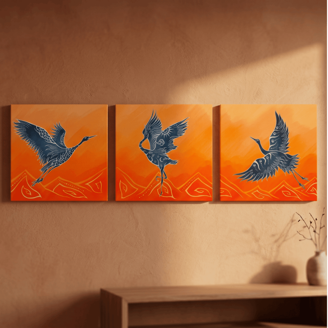 Die Kranich Trilogie · Mut · Vertrauen · Selbstbewusstsein Leinwand | 60×60 cm gerahmt oder ungerahmt