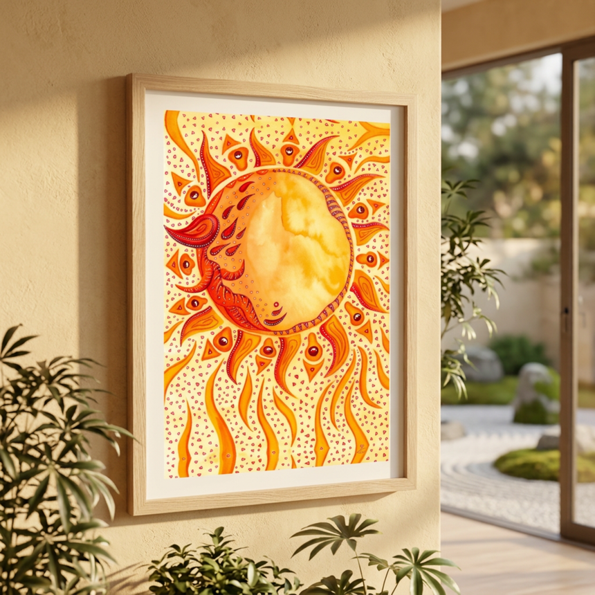 Kunstdruck mit feurig orange-gelber Sonne in leuchtenden, warmen Farbtönen.