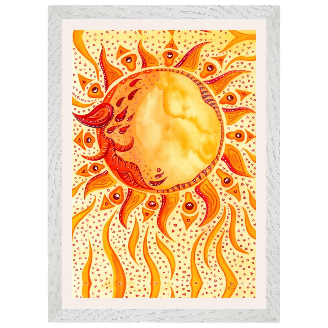 Kunstdruck mit feurig orange-gelber Sonne in leuchtenden, warmen Farbtönen.