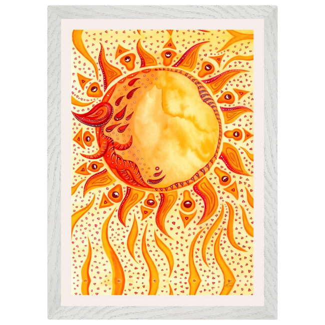 Kunstdruck mit feurig orange-gelber Sonne in leuchtenden, warmen Farbtönen.