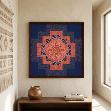 Eingerahmtes Wandbild mit Chakana-Kreuz in tiefem Blau, Dunkelorange und Hellrot in einer kosmischen Ausstrahlung.