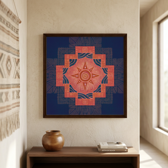 Eingerahmtes Wandbild mit Chakana-Kreuz in tiefem Blau, Dunkelorange und Hellrot in einer kosmischen Ausstrahlung.