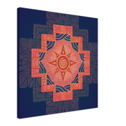 Wandbild mit Chakana-Kreuz in tiefem Blau, Dunkelorange und Hellrot in einer kosmischen Ausstrahlung.