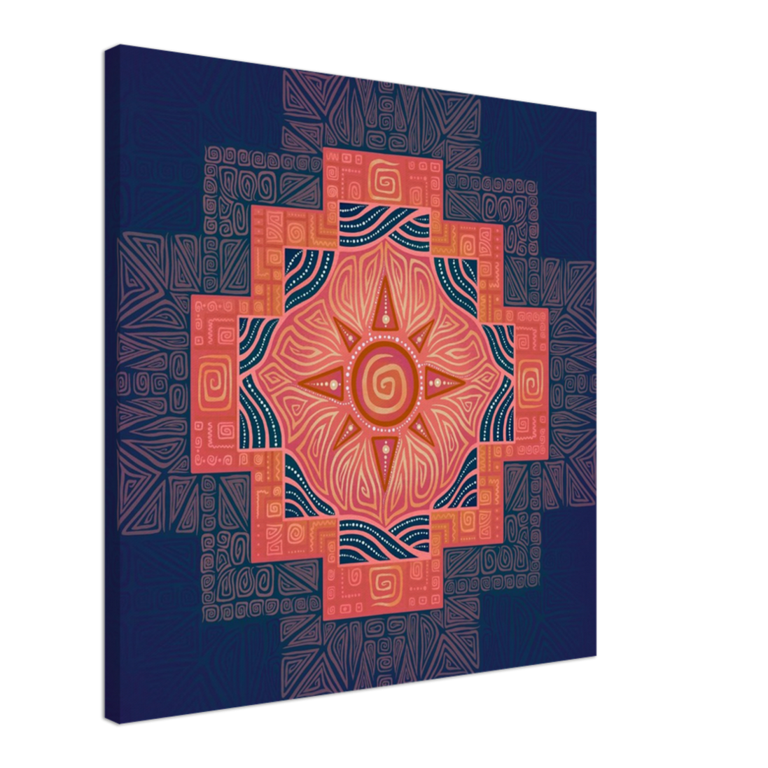 Wandbild mit Chakana-Kreuz in tiefem Blau, Dunkelorange und Hellrot in einer kosmischen Ausstrahlung.