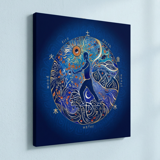 Wandbild mit einem Menschen, umgeben von den Elementen der TCM, dargestellt in kosmischen Farben.