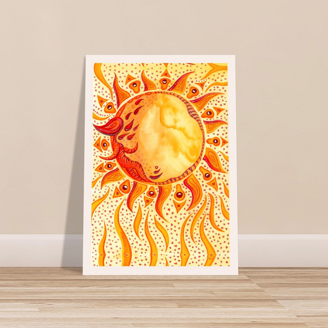 Kunstdruck mit feurig orange-gelber Sonne in leuchtenden, warmen Farbtönen.