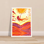 Kunstdruck mit orange-gelber Sonne und schwebender Figur, die ihre Hand zur Sonne ausstreckt.