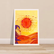 Kunstdruck mit mystischem Frauengesicht, das zwischen Dünen zur feurig roten Sonne emporblickt.